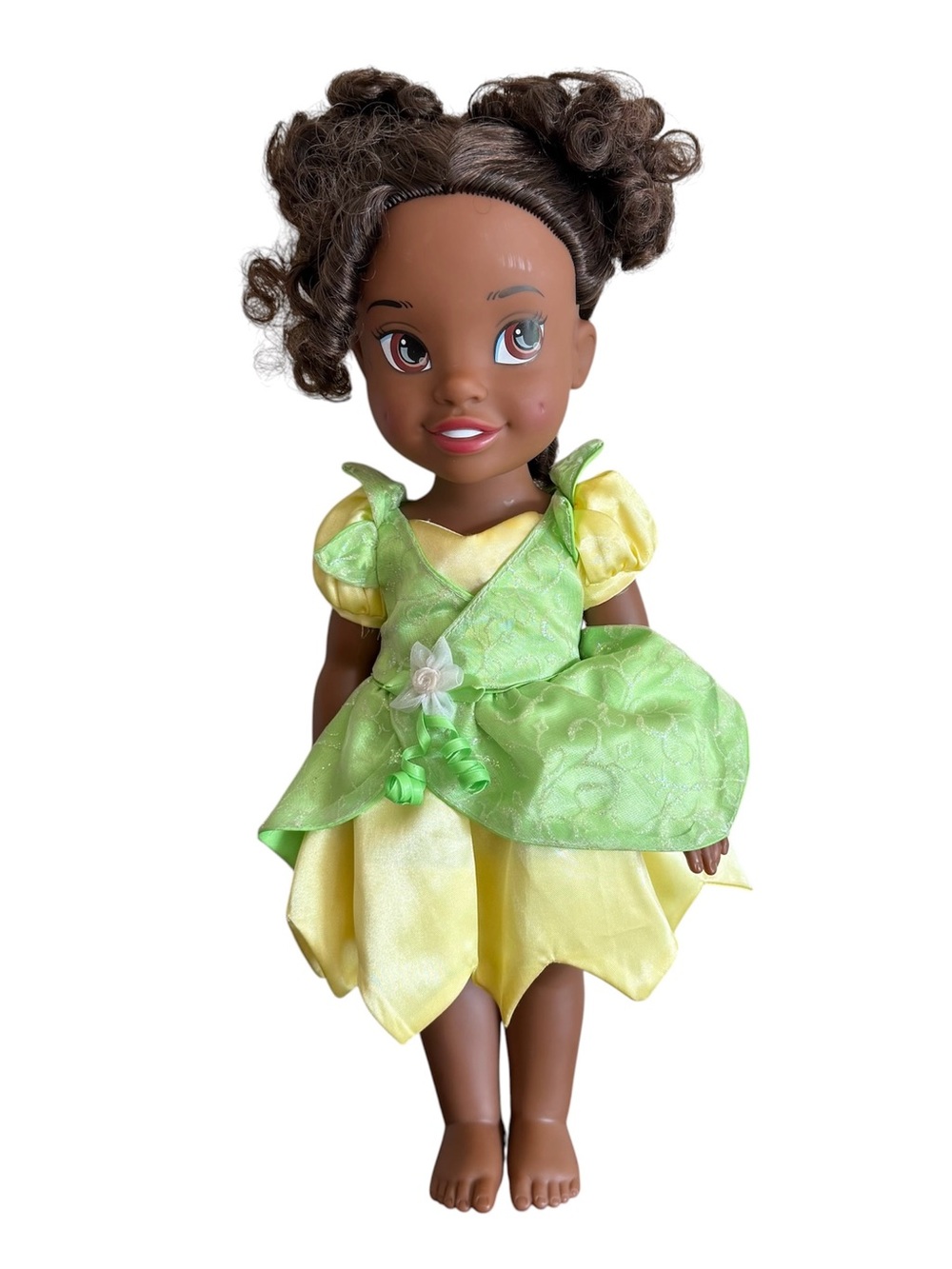 Disney Princess Tiana Doll Toddler 14in Curly Dark Brown Hair Green Yellow Dress